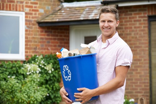 Recycling bins filled with construction materials